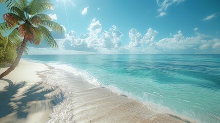 A single palm tree stands on a tropical beach shore under the clear blue sky on a sunny day