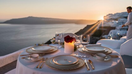 Fototapeta premium A table set for dinner with a candle and wine glasses, AI