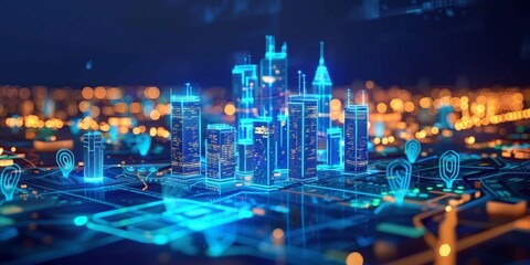 Fototapeta premium 3D rendering of the city with buildings made up only of digital data and computer chips, Futuristic digital cityscape with neon lights and glowing buildings at night 