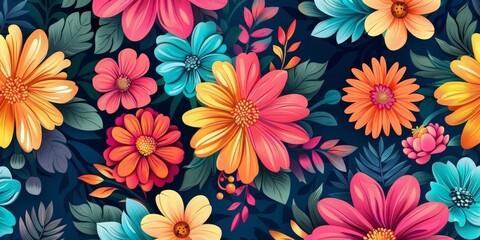 colorful floral pattern ,Lush floral pattern with vivid flowers and leaves, 