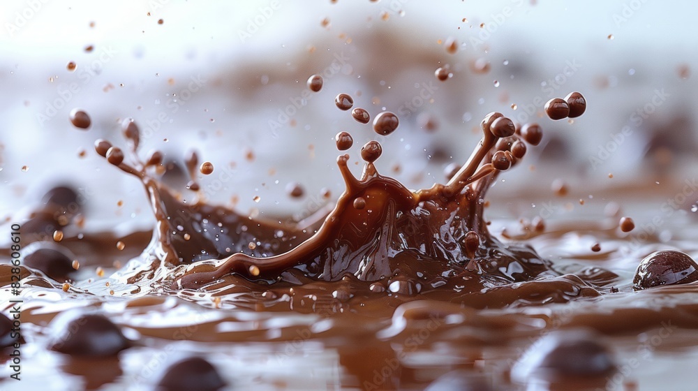 Poster a splash of chocolate dispersing in a puddle of water, creating intricate patterns and swirls