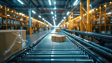 Obraz premium A conveyor belt with boxes in a logistics warehouse with fluorescent lights on the ceiling, in the background metal shelves for storing packages. Concept of automation and transportation of products.