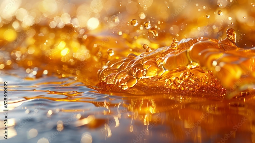 Poster multiple water droplets in close view on a flat surface, showcasing detailed textures and reflection