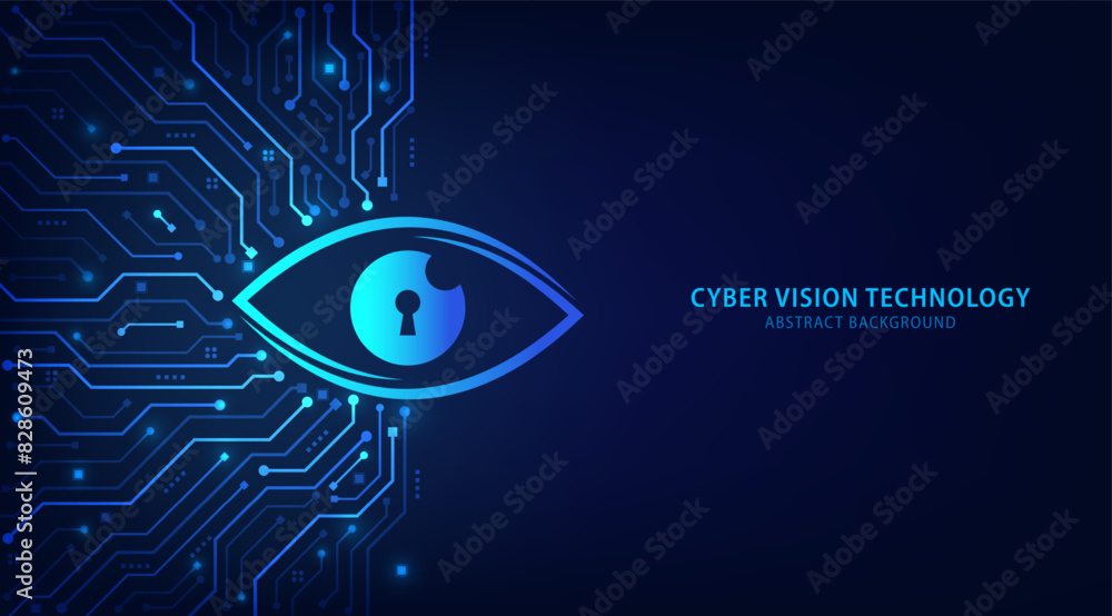 Aufkleber Virtual eye on circuit board. Secure system concept, Virtual eye of internet control surveillance and digital invigilation. Abstract background futuristic Hi-tech style. Vector and Illustration.