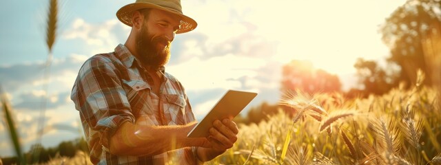 male farmer with a tablet on the background of the field. selective focus