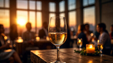 Glass of red wine on wooden table, closeup. Sunset cocktail party in a modern warehouse, soft focus on champagne flute and guests buzzing in the backgroun