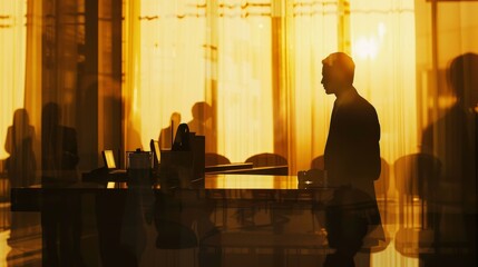 Concierge assisting guests in a captivating double exposure silhouette. Close-up focus on the hotel desk creates a welcoming atmosphere. Copy space available. 16:9.
