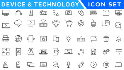 DevicDevice and Technology thin line icons set. Web icons. Devices, Computer, Smartphone, Tablet, Mail, Search, Tablet, Cloud, Media icon. Vector illustratione - 26-03