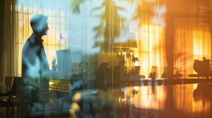 A close-up, double exposure silhouette of a concierge assisting guests at a hotel desk. Perfect for your hospitality-related SEO needs. Copy space included.