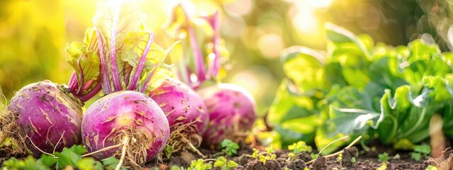 close up of rutabaga in the garden. selective focus