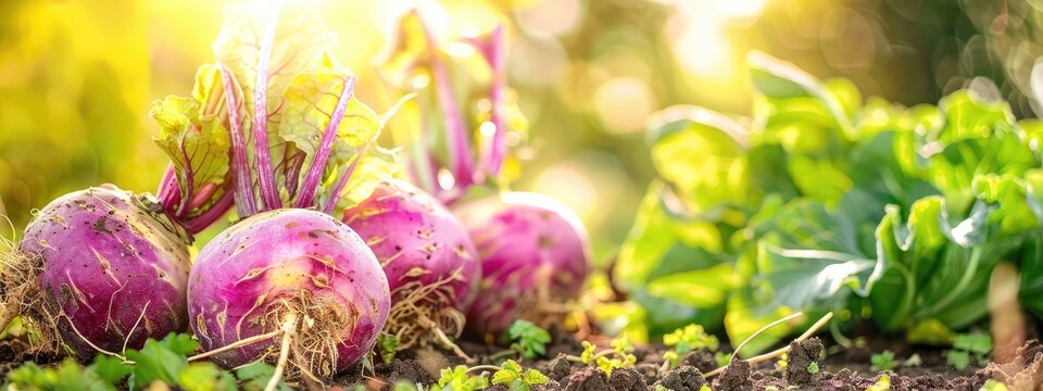 close up of rutabaga in the garden. selective focus