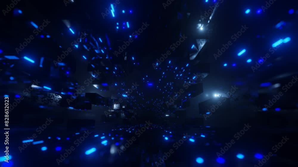 Poster blocks in air. large space. fly through technology cyberspace with blue neon glow. sci-fi flight thr