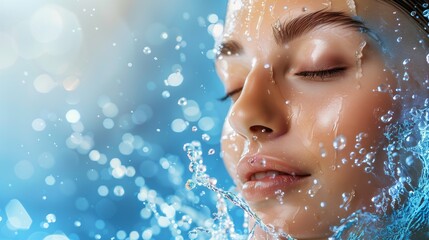 Beautiful woman with water splash on face, beauty concept for cosmetic advertising banner. Copy space text. Smile, beauty model or wet water drops in facial dermatology.