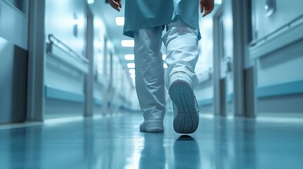 The doctor walks in the hospital corridor, a closeup of his feet, wearing a blue medical gown and white trousers. Medical staff working. Care health concept. Close up.