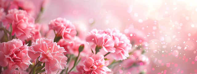 Pink background, beautifully and beautifully blooming pink carnations, Mother's Day, birthday, thanks, celebration, copy space,space for text, Generative AI.ピンクの背景、綺麗に美しく咲いているピンクのカーネーション、母の日、誕生日、感謝