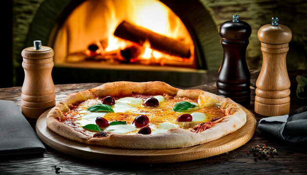 PIZZA ASSADA NA PEDRA EM ESTILO R&Uacute;STICO COM INGREDIENTES NA CENA E UM CONCEITO DE FORNO A LENHA