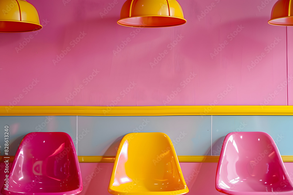 Aufkleber brightly colored chairs align next to one another in a room boasting pink walls chairs feature a com
