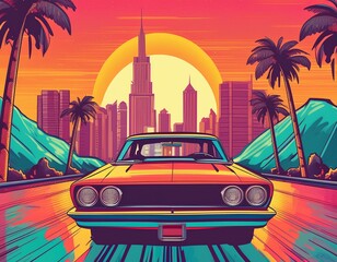 copy space, Summer vibes 80s style illustration, car driving, skyscrapers in background, comic style. Nostalic 80’s poster. 80’s background for poster. Nostalic adventure mockup. Print for T-shirt