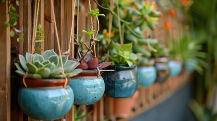 Home garden featuring succulent plants in matching hanging pots