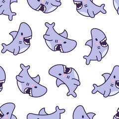 Funny kawaii ocean shark. Seamless pattern. Smiling jaws and comic marine animals character. Hand drawn style. Vector drawing. Design ornaments.