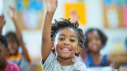 A young student raises their hand excitedly in class, eager to participate and share their knowledge.
