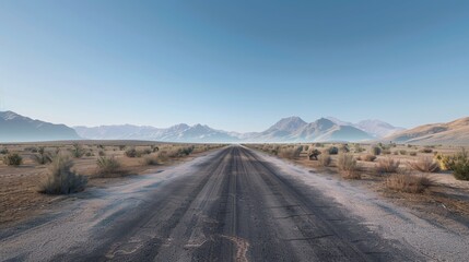Endless Straight Desert Road Stretching into the Horizon under a Clear Blue Sky, Epitome of Solitude and Freedom in a Barren Landscape, 8K Ultra-Detail