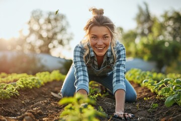 Woman gardening in the evening sun, close up of hands in soil, vibrant flowers, natural light, showcasing joy and connection with nature
