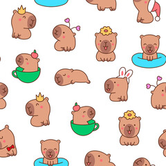 Cute cartoon kawaii capybara. Seamless pattern. Animal funny characters. Hand drawn style. Vector drawing. Design ornaments.