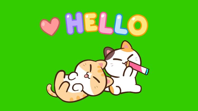 Animated Cute Cat with Hello Message - Green Screen