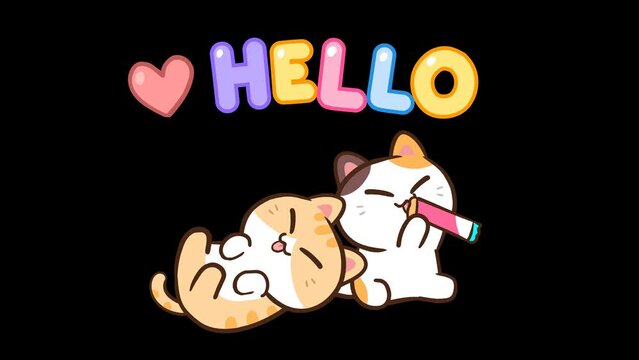 Animated Cute Cat with Hello Message - Transparent Background