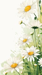 A border of white daisies with yellow centers on a green and white background.