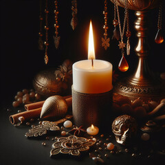 검은색 배경, 불이 켜진 양초 (a black background, a lighted candle)