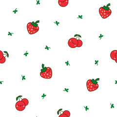 Kawaii cartoon farm characters. Seamless pattern. Cute animals, nature, vegetables, fruits, flowers. Hand drawn style. Vector drawing. Design ornaments.