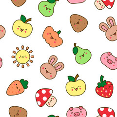 Kawaii cartoon farm characters. Seamless pattern. Cute animals, nature, vegetables, fruits, flowers. Hand drawn style. Vector drawing. Design ornaments.
