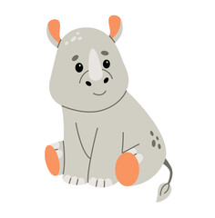 Cute baby rhino walks and smiles. Use it for happy birthday invitation cards, children's book covers, banner, poster. Flat vector illustration.
