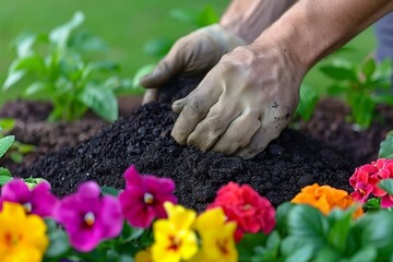 Hands planting flowers in soil, close up with green background, natural light, emphasizing gardening care and growth