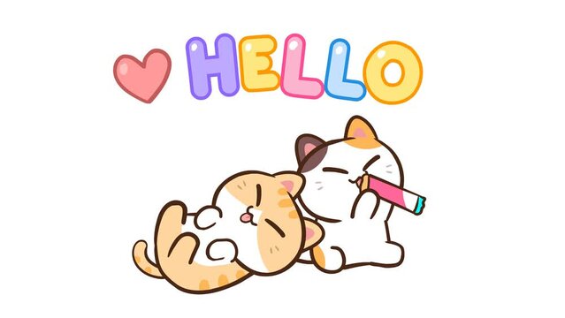 Animated Cute Cat with Hello Message - White Background