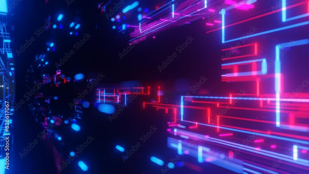 Poster pattern like sci-fi hologram. fly through technology cyberspace with neon glow. sci-fi flight throug