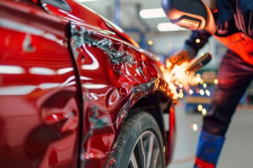 Expert auto body repair service for red vehicle on white background post-accident