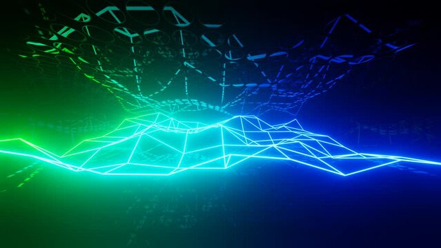 Vj loop mirror room with fly neon frame waving surface. Abstract festive bg with bright reflection. Dark room disco lights. Seamless looped bg. Night club bright neon style bg. Wireframe