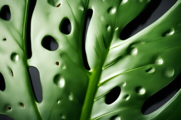 Monstera Leaf Close-up, Detailed Leaf Holes, Dark Green Texture, Macro Photography, Indoor Plant Beauty, High Resolution, Botanical Image, Nature Art