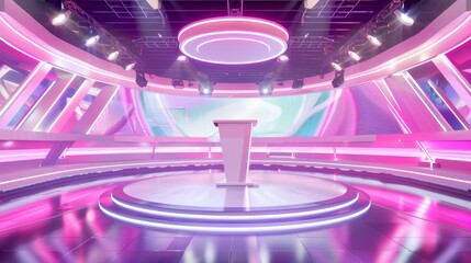 Fototapeta premium Modern pink and purple television studio set with a podium and a large screen.