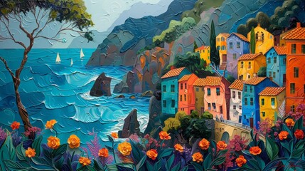 painting a small European coastal village