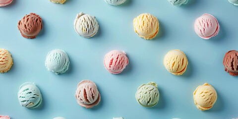 Assorted ice cream scoops in rows on a light blue background. National Ice Cream Day - Powered by Adobe
