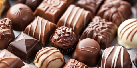 Fototapeta premium Close-up of assorted chocolate truffles with decorative patterns. World Chocolate Day