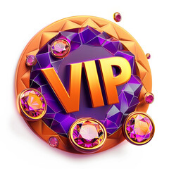 3d icon of elite logo vip and purple coins and diamonds on white background.