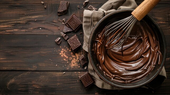 Bowl of melted chocolate with whisk and chocolate pieces on wooden table. World Chocolate Day