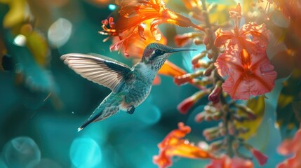Obraz premium A close-up of a hummingbird hovering in front of a vibrant flower, its iridescent feathers shimmering in the light. 8k, full ultra HD, high resolution, cinematic photography