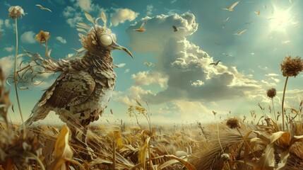 Surreal Scarecrow in Golden Wheat Field Under Sunlit Sky
