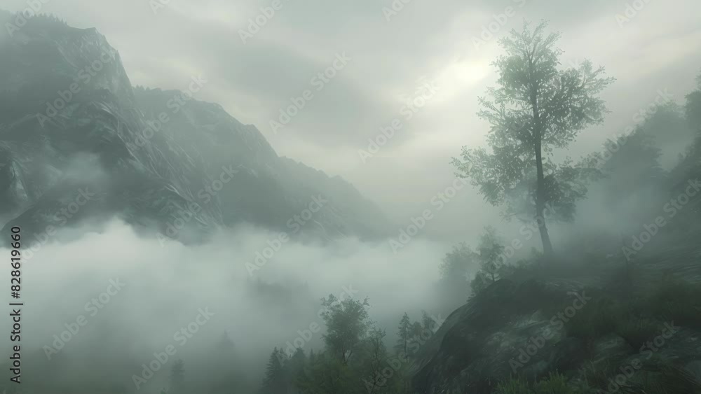 Poster a dreamlike setting as the fog transforms the mountains into a mystical realm.